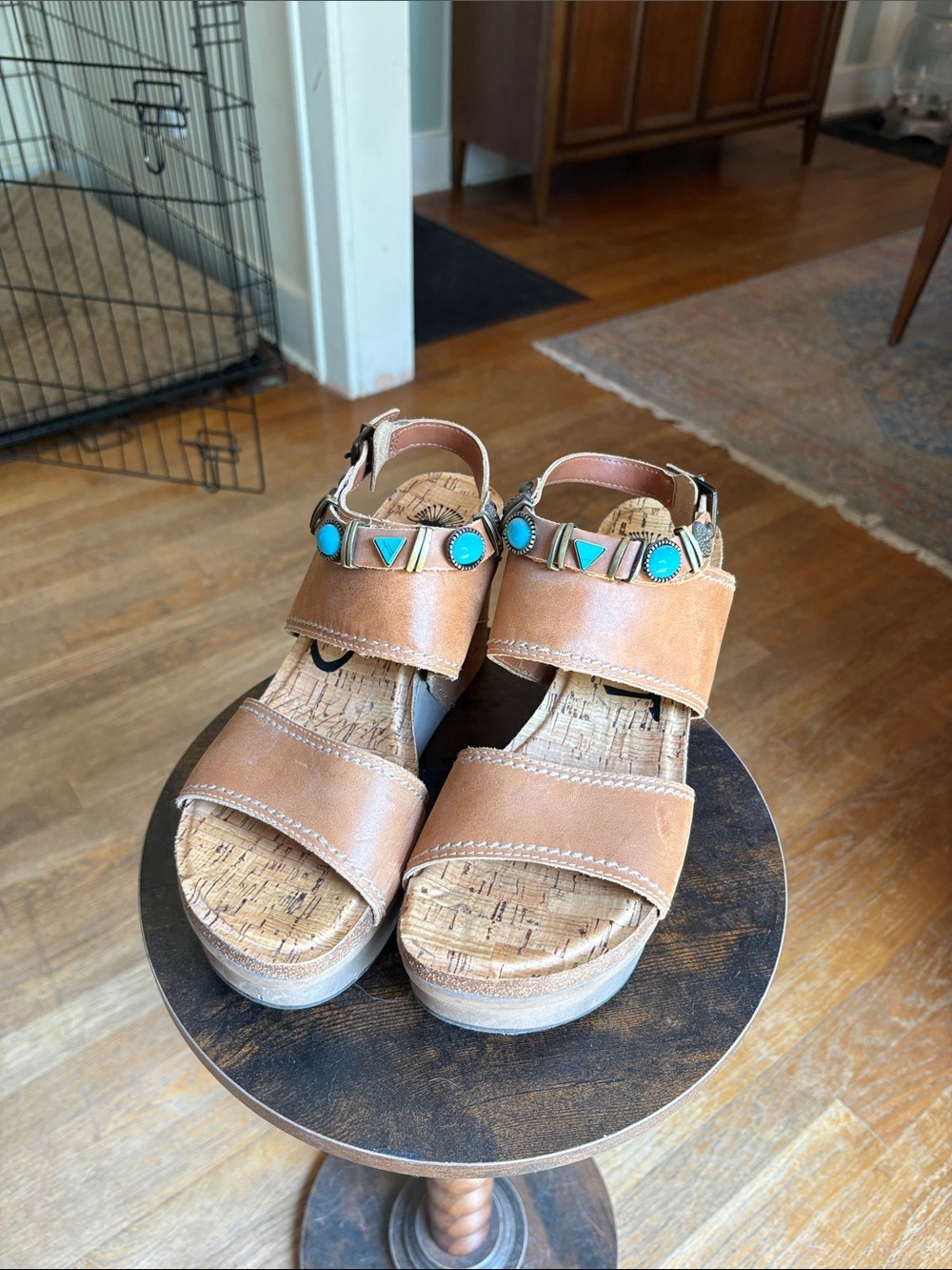 OTBT Leather Platform Wedge Sandals with Turquoise Accents